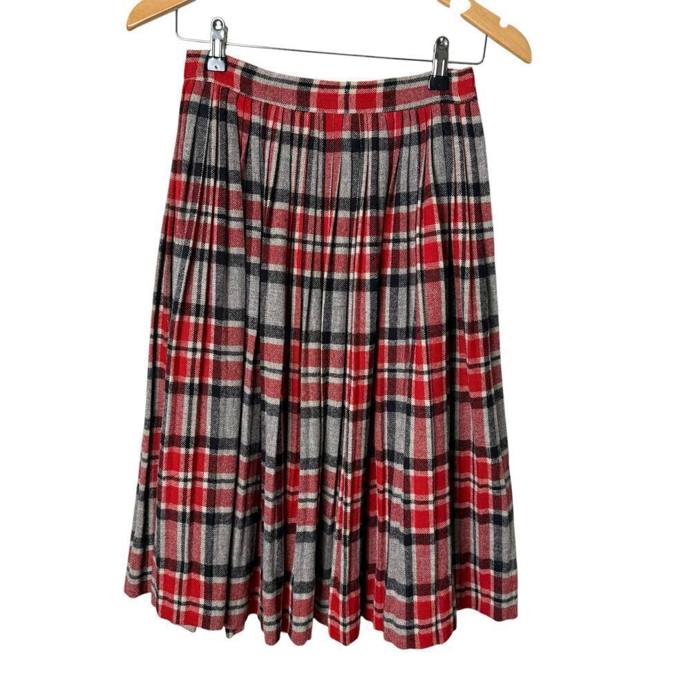 Vintage 70s Wool Pleated‎ Skirt Red Gray Plaid Tartan High Waist, Size Small